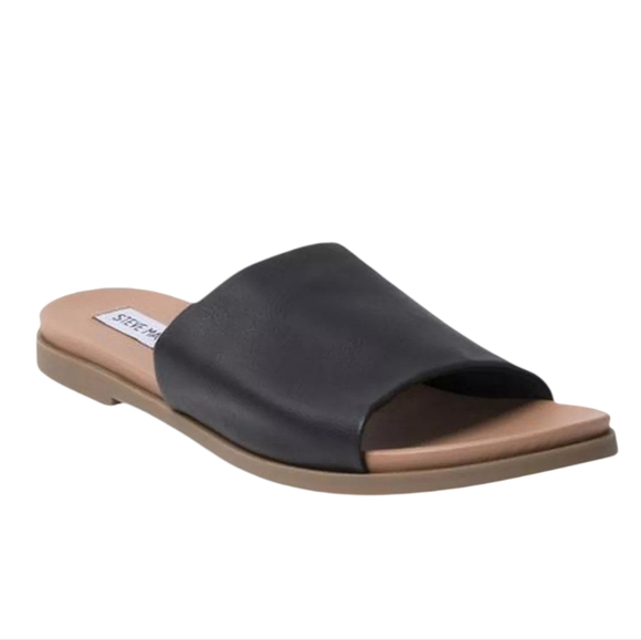Steve Madden Karrlaa Slide Sandals Black Beige Leather Upper Flat Women's 6.5 - Picture 1 of 11